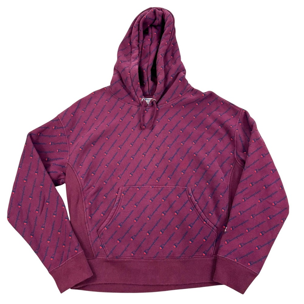Champion Reverse Weave Hoodie Mens Large Red All Over Logo Pullover WL757P